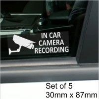 5 x In Car Camera Recording-STANDARD Camera Design-Window Stickers-87mm x 30mm White on Clear-CCTV Sign-Van,Lorry,Truck,Taxi,Bus,Mini Cab,Minicab-Security-Go Pro,Dashcam